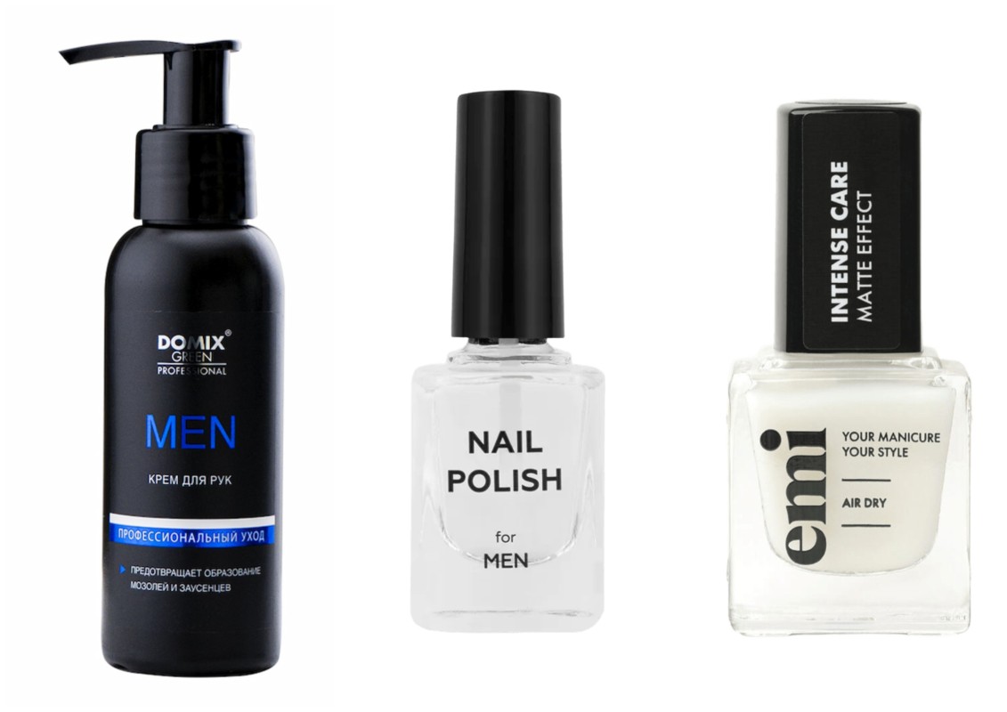 Фото: архивы пресс-служб. Крем для рук мужской MEN, Domix Green Professional; Лак для мужского маникюра, Royal Barber; Лак для ногтей укрепляющий Intense Care Matte Effect, EMI 