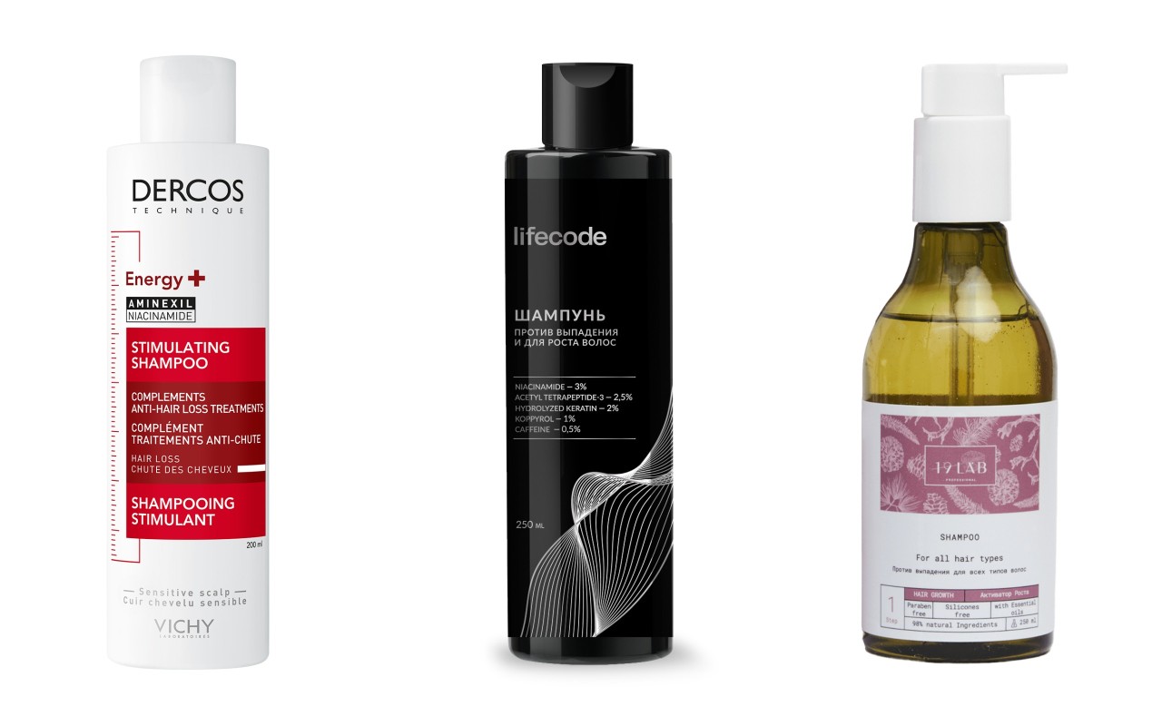 Фото: архивы пресс-служб. Шампунь против выпадения волос Dercos Energy +, Vichy; Шампунь для роста волос, Lifecode; Шампунь «Активатор роста» против выпадения, 19 Lab