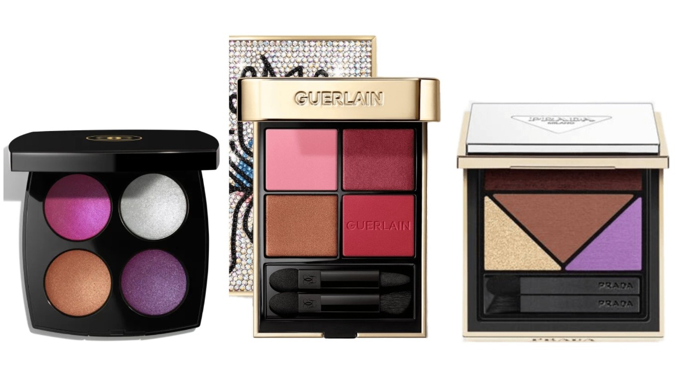 Фото: архивы пресс-служб. Четырехцветная палитра теней Enchanted Night, Chanel; Палетка теней для век Ombres G, Guerlain; Палетка теней Prada Dimensions