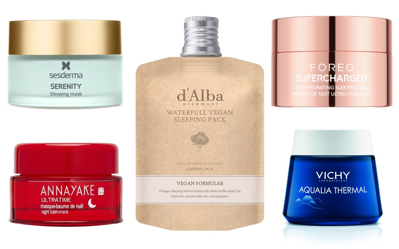 Фото: архивы пресс-служб. Ночная маска Serenity, Sesderma; Ночная маска тройного действия Ultratime, ANNAYAKE; Ночная маска Waterfull Vegan Sleeping Pack, d'Alba; Восстанавливающая ночная маска для лица SUPERCHARGED™, FOREО; Ночной SPA-уход Aqualia Thermal, Vichy