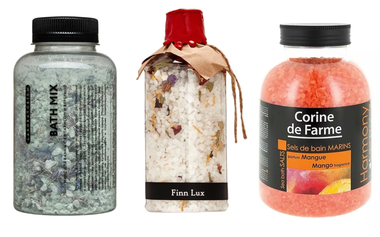 Фото: архивы пресс-служб. Микс для ванны с кипарисом и вербеной, Laboratorium; Ароматная морская соль с добавлением сухоцветов и трав, Finn Lux; Соль для ванн Манго, Corine de Farme