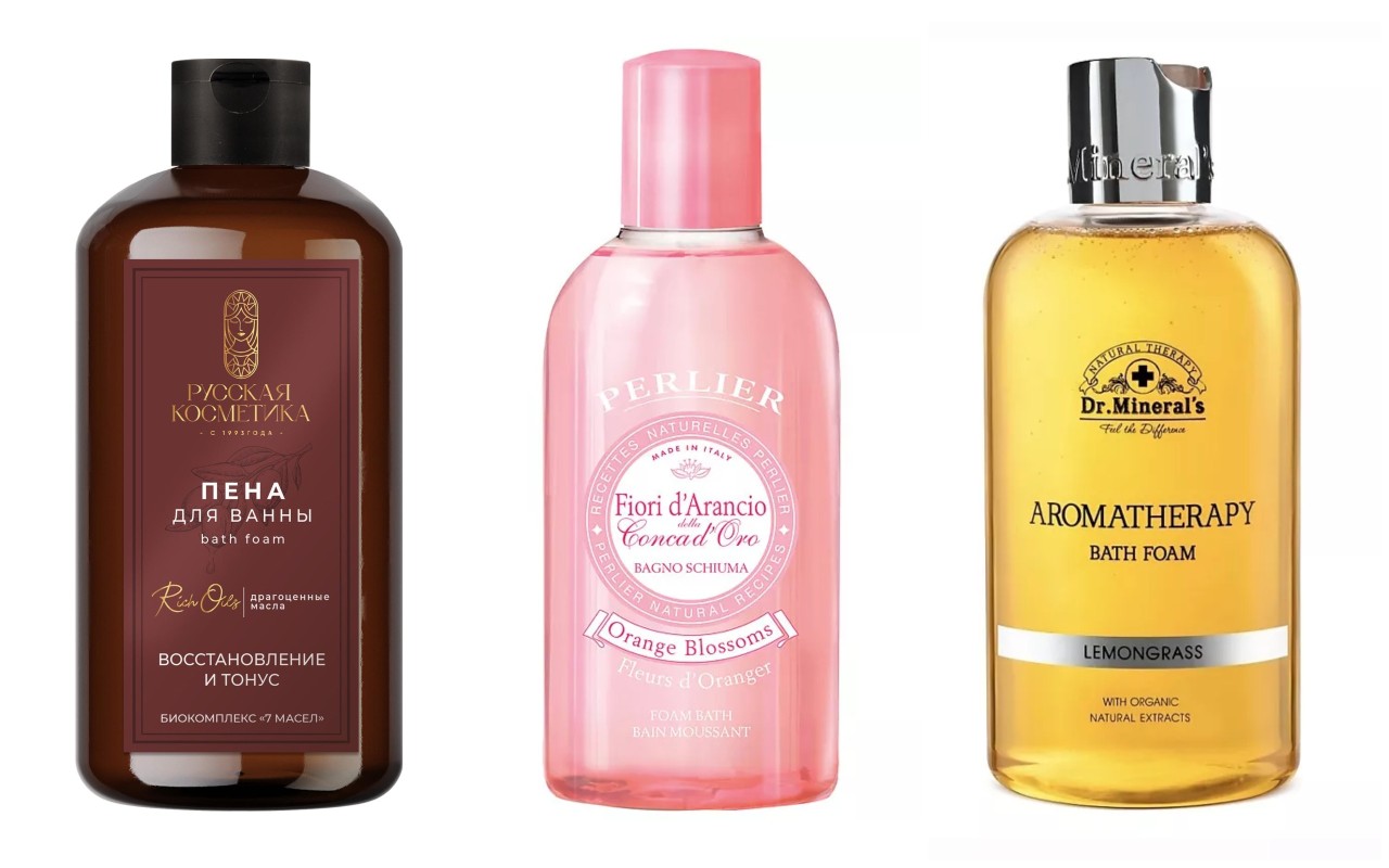 Фото: архивы пресс-служб. Пена для ванны &#34;Восстановление и тонус&#34;, Русская Косметика; Пена для ванны Цветки апельсина, Perlier; Пена для ванны на натуральном экстракте лемонграсса, Dr.Mineral's