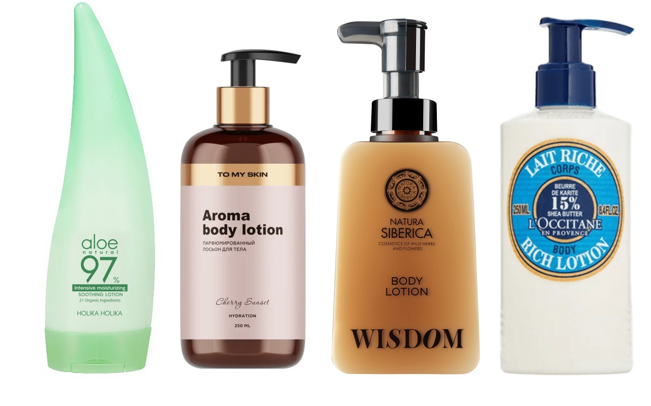 Фото: архивы пресс-служб. Интенсивно увлажняющий лосьон для лица и тела с алоэ, Holika Holika; Парфюмированный лосьон для тела, To My Skin; Молочко для тела Rich Lotion 15%, L'Occitane