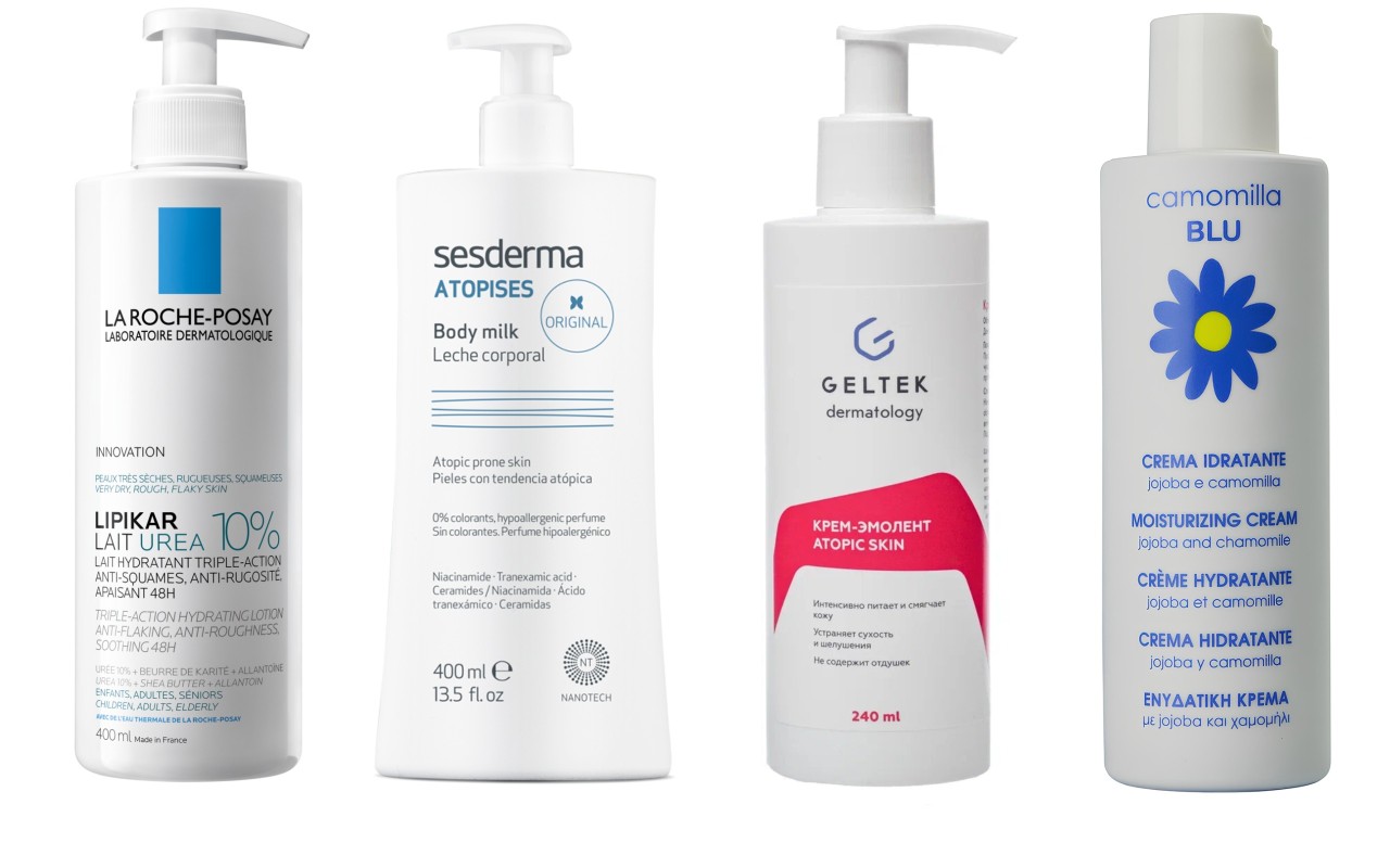 Фото: архивы пресс-служб. Увлажняющее молочко тройного действия для сухой и очень сухой кожи тела LIPIKAR LAIT UREA 10%, La Roche-Posay; Молочко для тела ATOPISES, Sesderma; Крем-эмолент Atopic Skin, Geltek; Увлажняющий крем для чувствительной кожи тела, Camomilla Blu