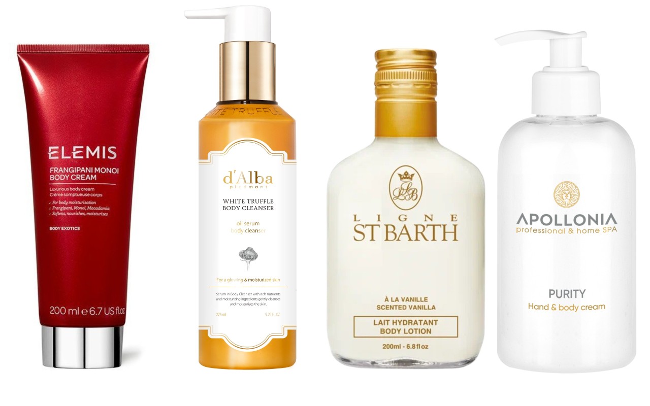 Фото: архивы пресс-служб. Крем для тела Франжипани-Монои, Elemis; Гель для душа White Truffle Body Cleanser, d'Alba; Лосьон для тела с ароматом ванили, LIGNE ST BARTH; Увлажняющий крем для рук и тела, Apollonia