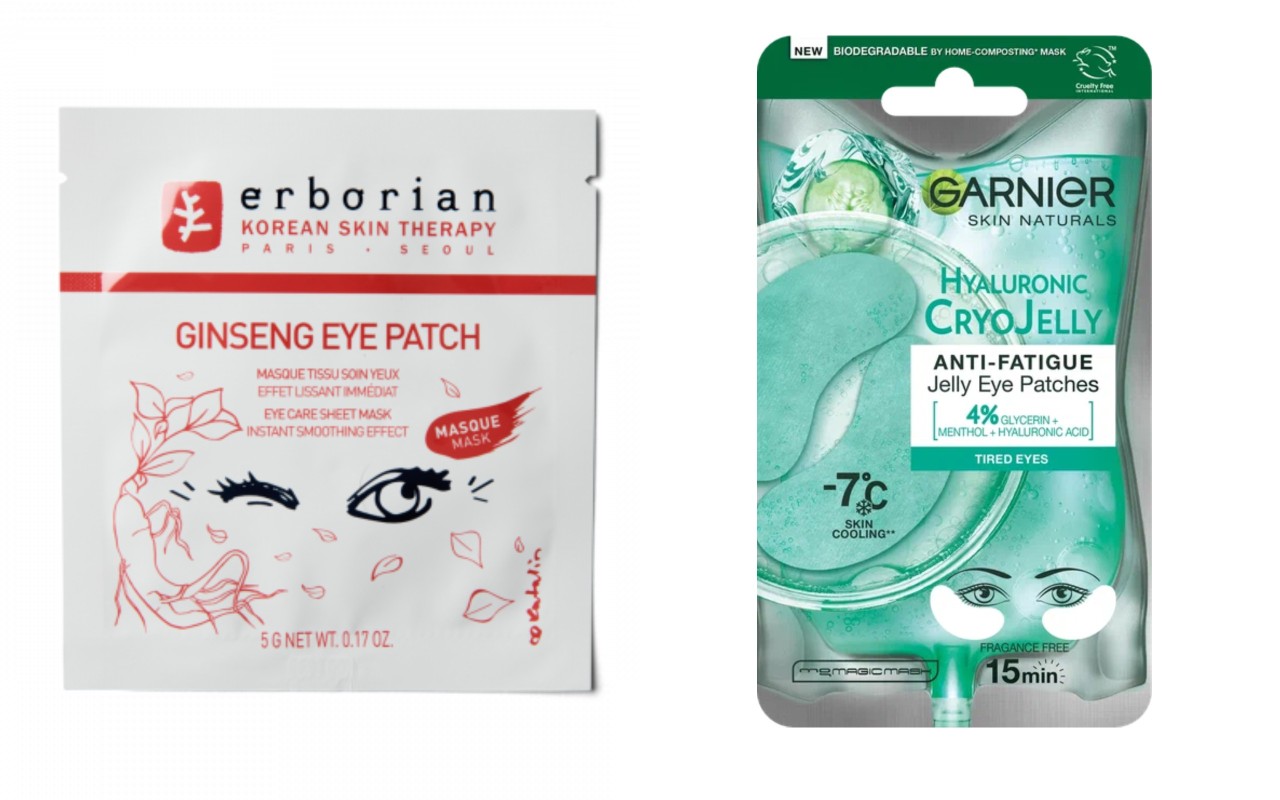 Фото: архивы пресс-служб.  Тканевые патчи для области вокруг глаз с женьшенем, Erborian; Патчи Эксперт крио гель, Garnier