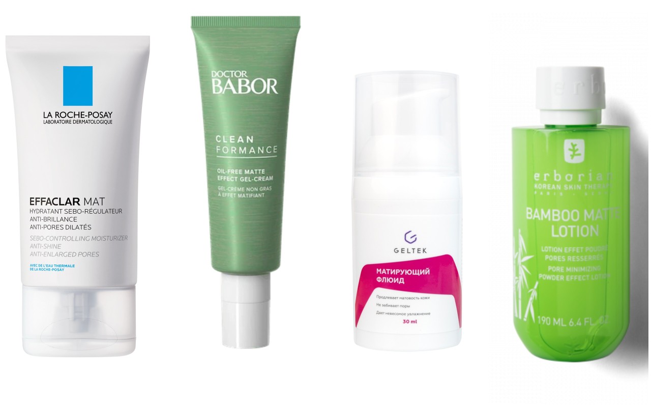 Фото: архивы пресс-служб. Увлажняющая, матирующая, себорегулирующая эмульсия Effaclar Mat, La Roche-Posay; Матирующий гель-крем без масел Cleanformance, Babor; Матирующий флюид, Geltek; Бамбук матирующий лосьон для сужения пор, Erborian