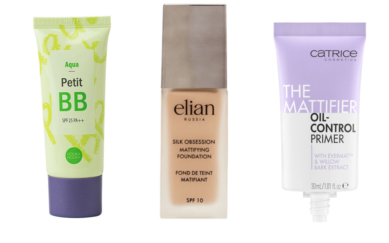 Фото: архивы пресс-служб. ББ-крем для лица матирующий с зеленым чаем Petit BB Aqua, Holika Holika; Тональное средство Silk Obsession Mattifiing, Elian Russia; Матирующий праймер The Mattifier Oil-Control, Catrice