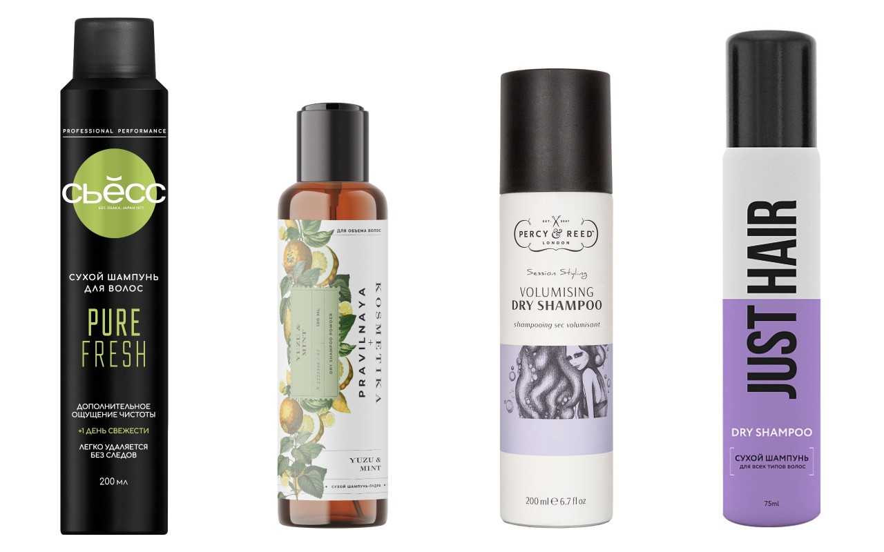 Фото: архивы пресс-служб. Сухой шампунь Pure Fresh, Сьосс; Сухой шампунь-пудра Yuzu&Mint, Pravilnaya Kosmetika; Сухой шампунь Volumising, Percy&Reed; Сухой шампунь Just  Hair