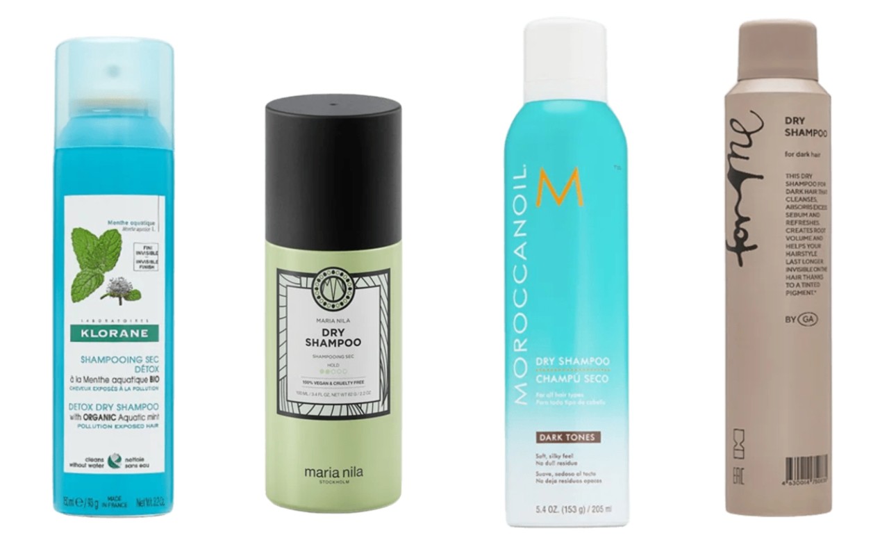 Фото: архивы пресс-служб. Сухой детокс-шампунь Klorane; Сухой шампунь Maria Nila; Сухой шампунь для темных волос Moroccan Oil; Сухой шампунь для темных волос For Me