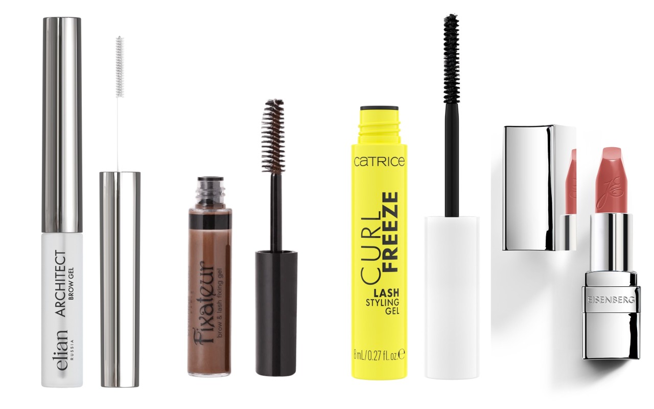 Фото: архивы пресс-служб. Гель для бровей Architect Brow Gel, Elian Russia; Фиксирующий гель для бровей и ресниц Fixateur, Vivienne Sabo; Гель для укладки ресниц Curl Freeze Lash Styling Gel, Catrice; Бальзам для губ Baume Fusion, Eisenberg