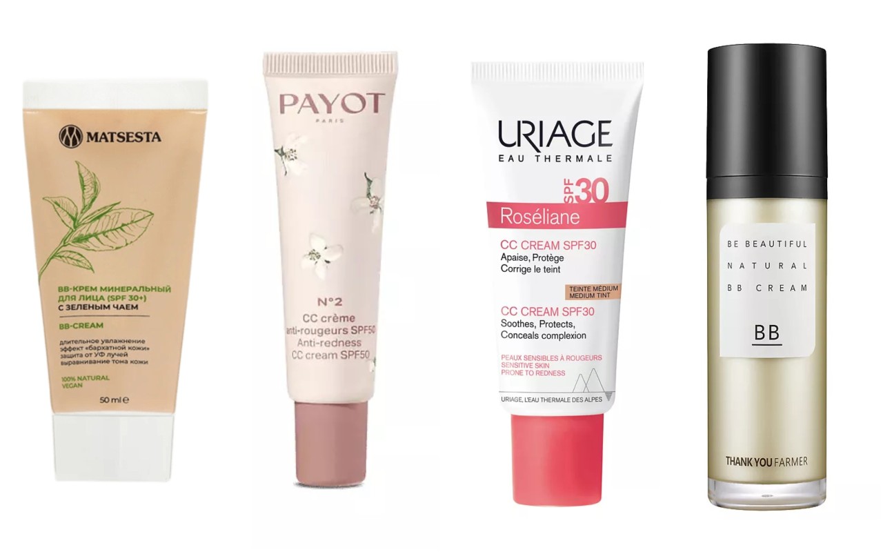 Фото: архивы пресс-служб. Минеральный BB-крем для лица с зеленым чаем, Matsesta; Успокаивающий СС крем для лица, Payot; СС-крем Розельян, URIAGE; Натуральный BB-крем для лица Be Beautiful, Thank You Farmer