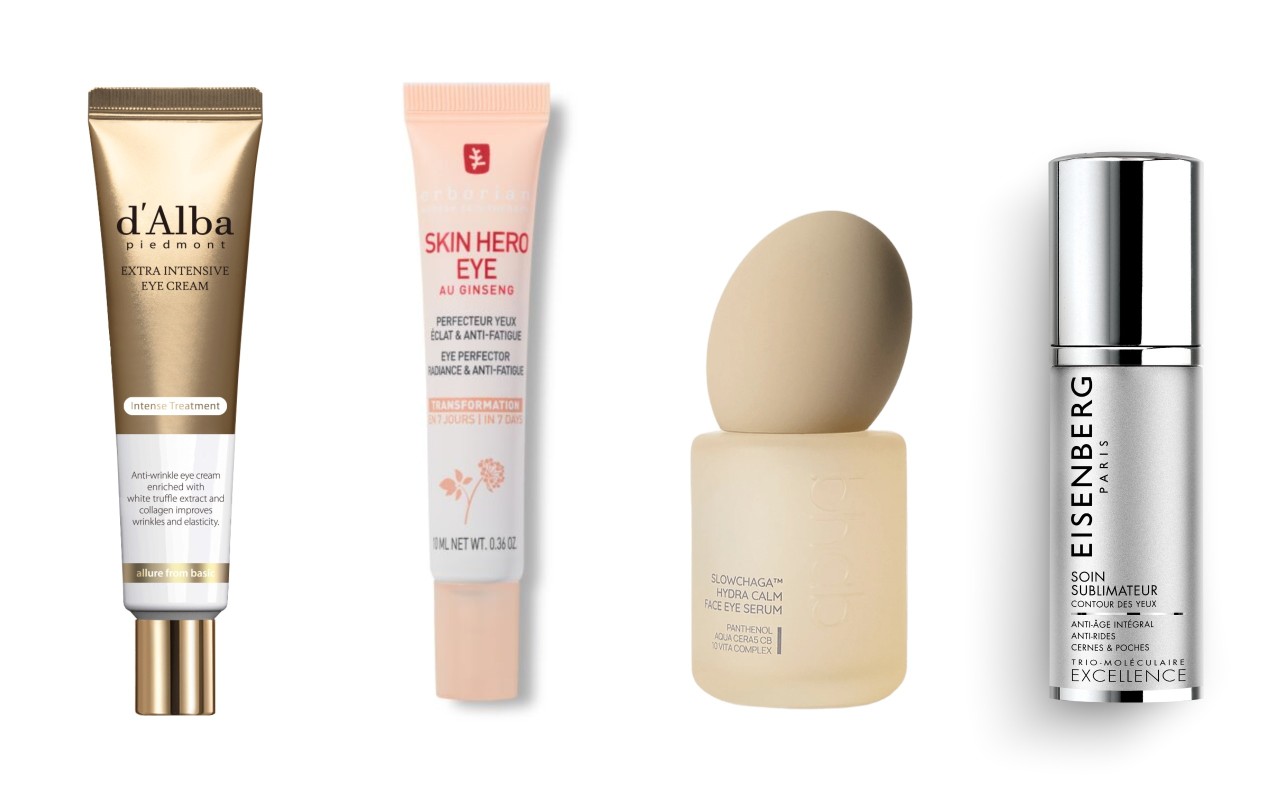 Фото: архивы пресс-служб. Крем для области вокруг глаз Extra Intensive Eye Cream, d'Alba; Крем для кожи вокруг глаз Skin Hero, Erborian; Сыворотка для лица и кожи вокруг глаз с plump-эффектом, bhab; Интенсивный крем для кожи вокруг глаз Creme Somptueuse, Eisenberg