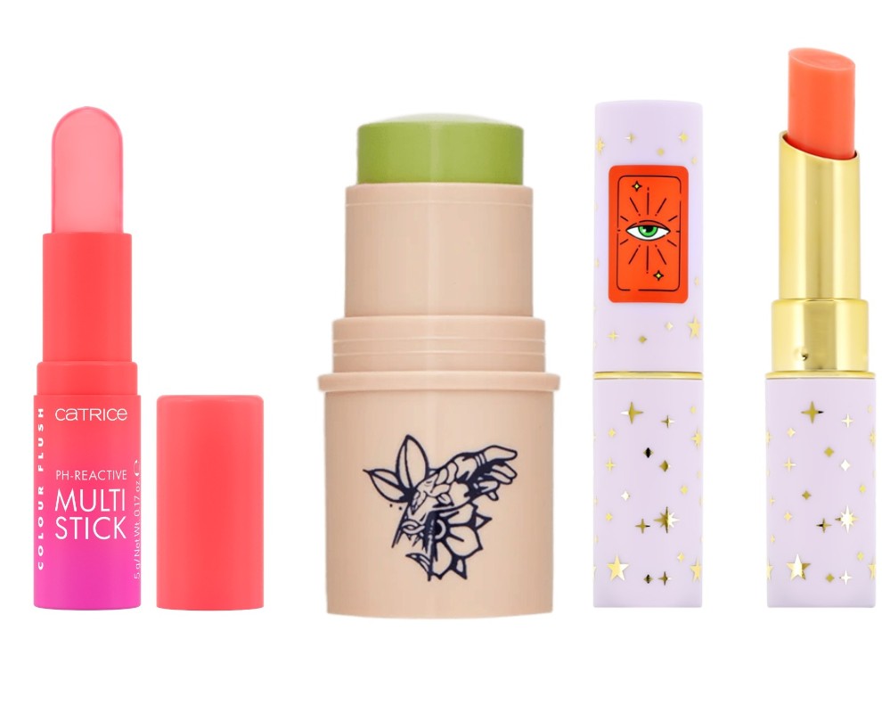 Фото: архивы пресс-служб. Cтик для лица и губ Colour Flush pH-Reactive, Catrice;  pH-стик для лица SHU Touch of changes; Помада-бальзам для губ с эффектом ph, ISCREAM 