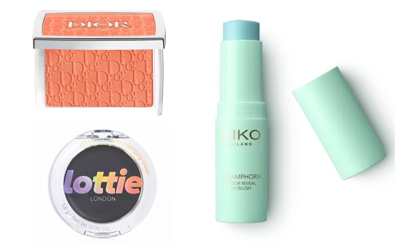 Фото: архивы пресс-служб.  PH-Румяна Rosy Glow с индивидуальным оттенком, Dior; Румяна для лица кремовые меняющие оттенок, Lottie London;  PH-румяна Dreamphoria Color Reveal, Kiko Milano