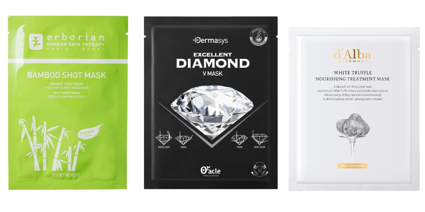 Фото: архивы пресс-служб. Увлажняющая тканевая маска Бамбук, Erborian; Набор масок для лица и области шеи Dermasys Diamond V Mask, Dr. Oracle; Питательная маска для лица White Truffle Nourishing Treatment Mask, d'Alba