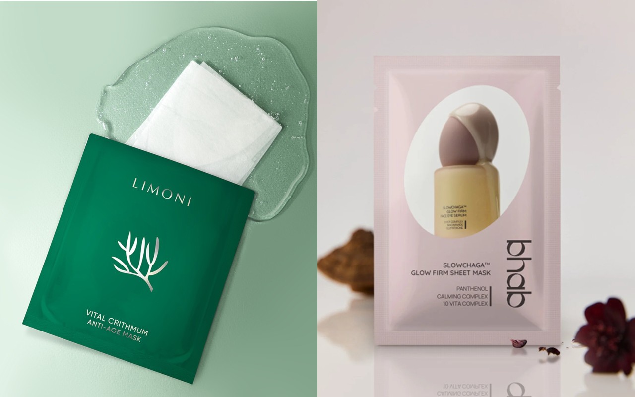 Фото: архивы пресс-служб. Маска для лица антивозрастная с критмумом Vital Crithmum, LIMONI; Подтягивающая тканевая маска с glow-эффектом, bhab