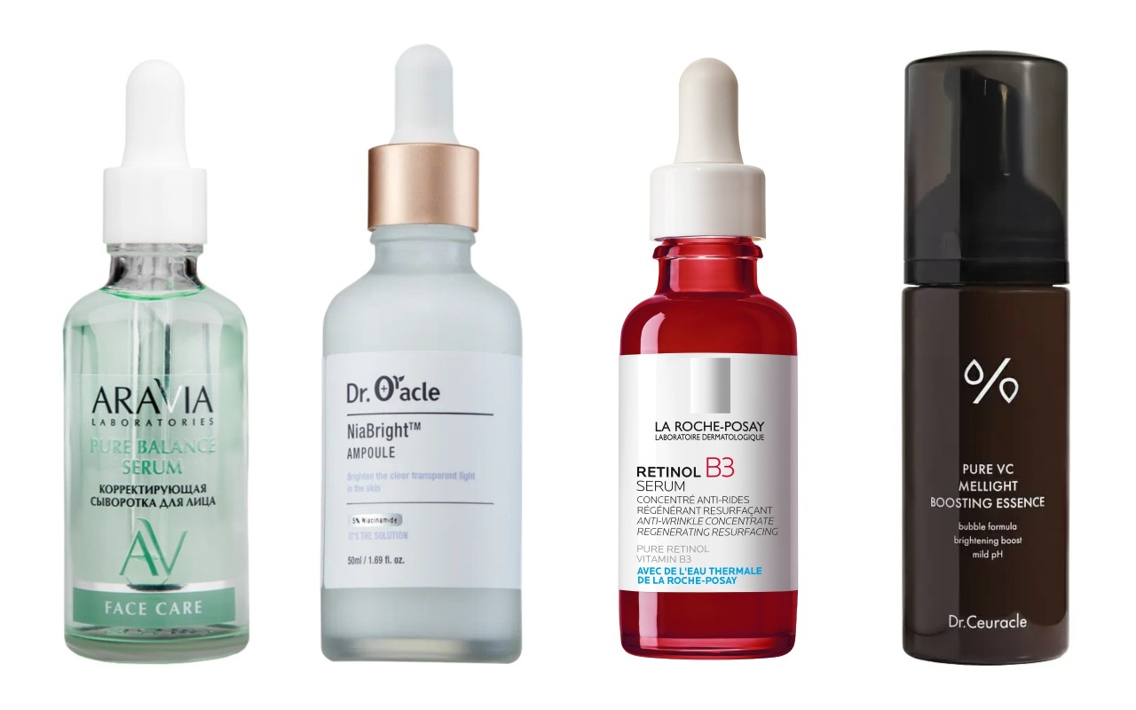 Фото: архивы пресс-служб. Корректирующая сыворотка для лица с салициловой кислотой Pure Balance Serum, Aravia; Cыворотка с ниацинамидом NiaBright, Dr. Oracle; Интенсивная сыворотка для выравнивания цвета лица и текстуры кожи RETINOL B3 SERUM, La Roche-Posay; Эссенция с витамином С Pure VC Mellight Boosting Essence, Dr. Ceuracle 