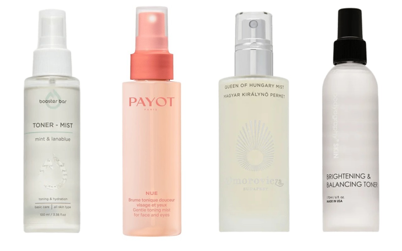 Фото: архивы пресс-служб. Тонер-мист с мятой и голубыми водорослями, Booster Bar; Успокаивающий и увлажняющий тоник-мист для лица и кожи вокруг глаз, Payot; Очищающий и увлажняющий тоник для лица Queen of Hungary Mist, Omorovicza; Балансирующий тонер для сияния кожи лица, Bodyography