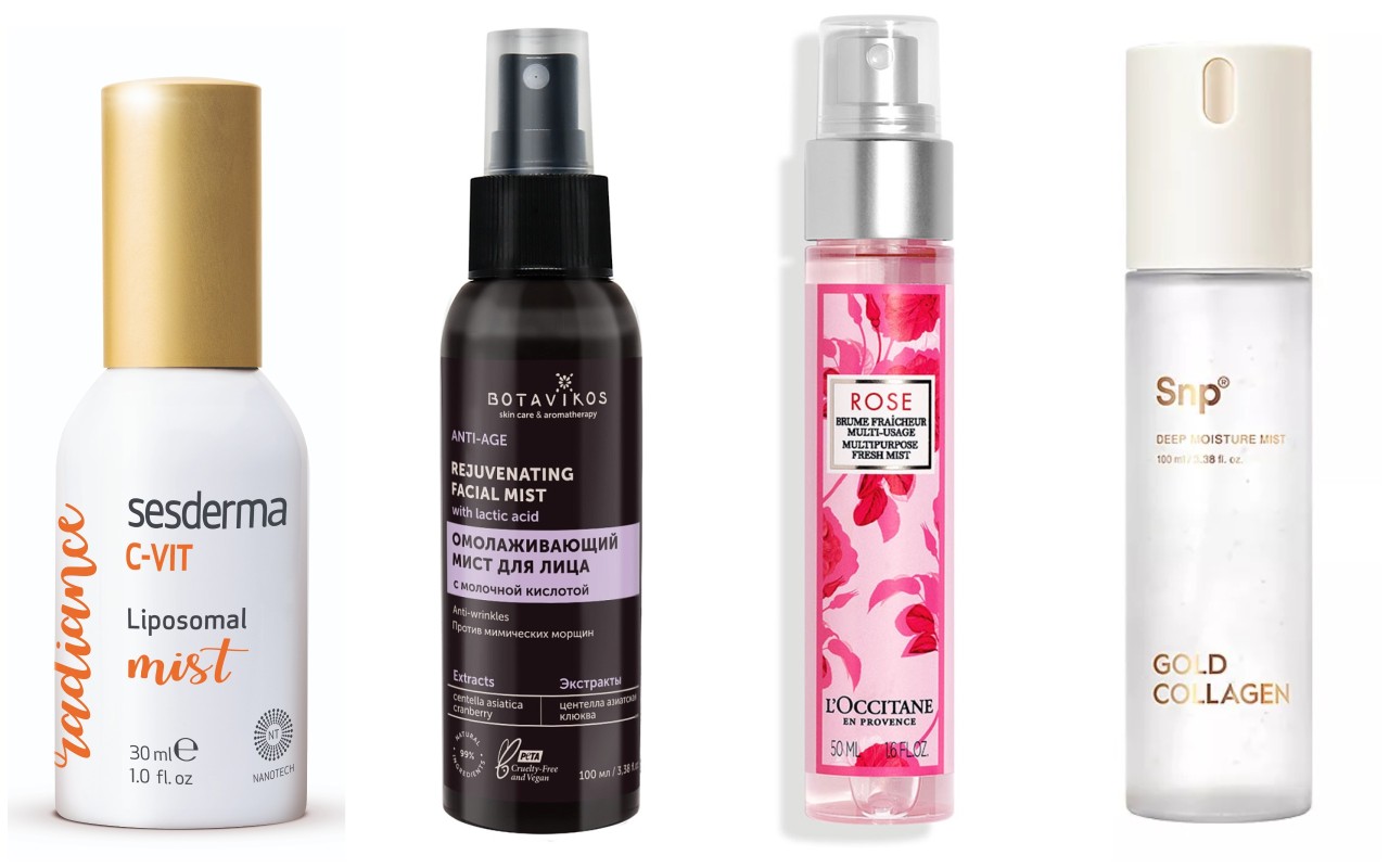 Фото: архивы пресс-служб. Спрей-мист с витамином С C-VIT, Sesderma; Омолаживающий мист для лица с молочной кислотой, Botavikos; Спрей для лица, волос и тела Роза, L'Occitane; Мист для лица Gold Collagen, SNP 
