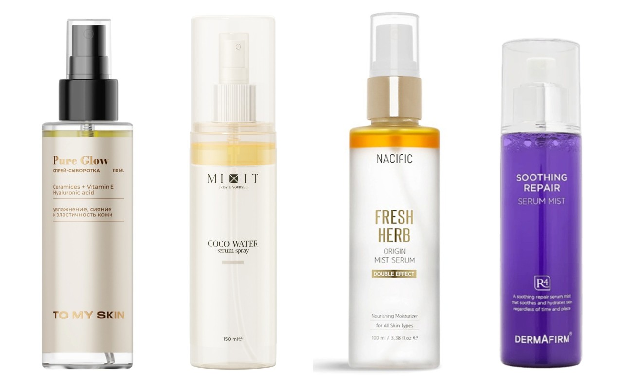 Фото: архивы пресс-служб. Спрей-сыворотка для лица Pure Glow увлажняющая с гиалуроновой кислотой, миксом церамидов и витамином E, TO MY SKIN` Универсальная спрей-сыворотка с кокосовой водой, Mixit; Сыворотка-мист для лица увлажняющая с эффектом сияния Fresh Herb, Nacific; Увлажняющая сыворотка-спрей для лица Soothing Repair R4, Dermafirm