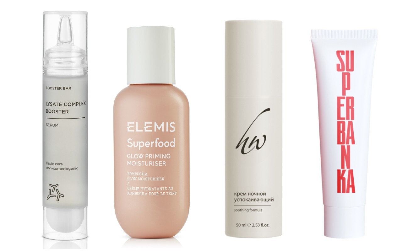 Фото: архивы пресс-служб. Бустер-сыворотка для микробиома кожи LYSATE COMPLEX BOOSTER, Booster Bar; Увлажняющий крем для лица с эффектом праймера Суперфуд, Elemis; Крем ночной Успокаивающий, Premium Homework; Увлажняющий крем для лица с пробиотиками Ace of Base, SUPERBANKA