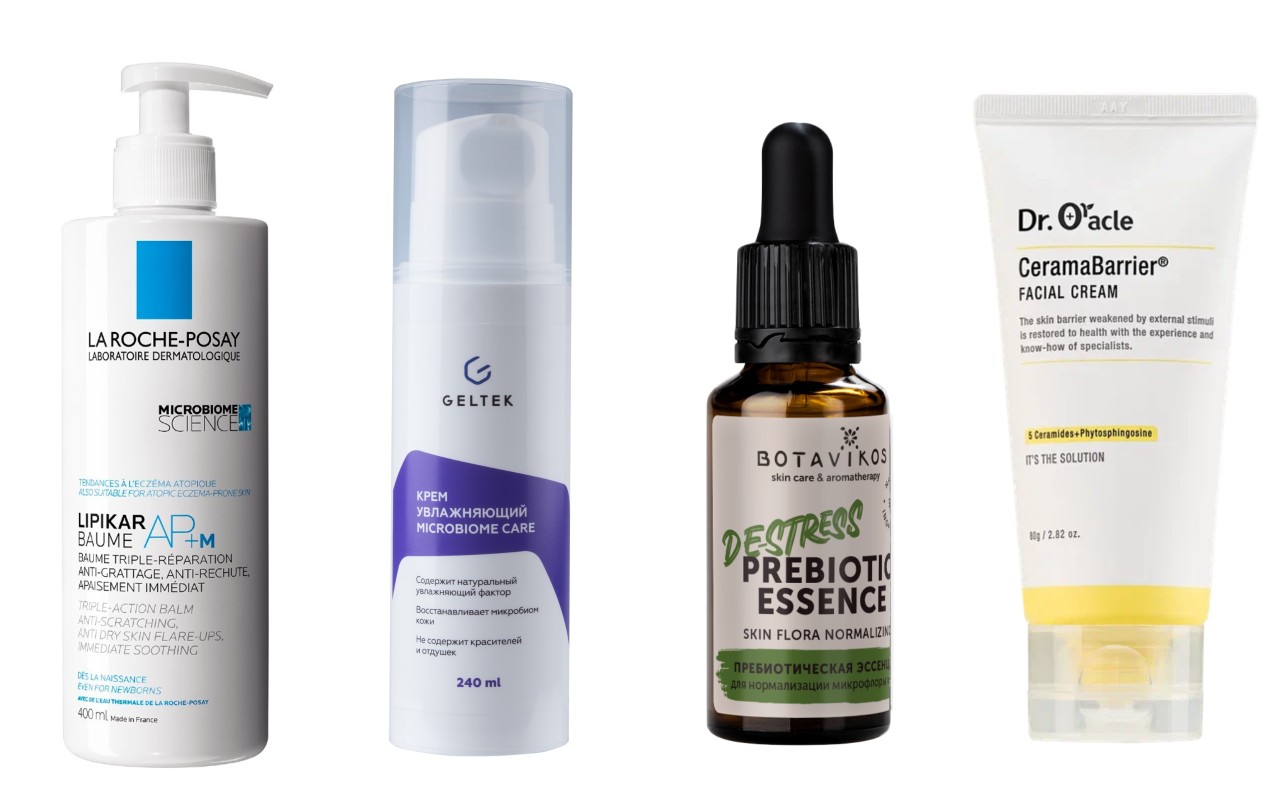 Фото: архивы пресс-служб. Липидовосполняющий бальзам тройного действия для кожи, склонной к атопическому дерматиту LIPIKAR BAUME AP+M, La Roche-Posay; Крем увлажняющий Microbiome Care, Geltek; Пребиотическая эссенция DETOX для нормализации микрофлоры кожи, Botavikos; Восстанавливающий крем с церамидами CeramaBarrier, Dr. Oracle
