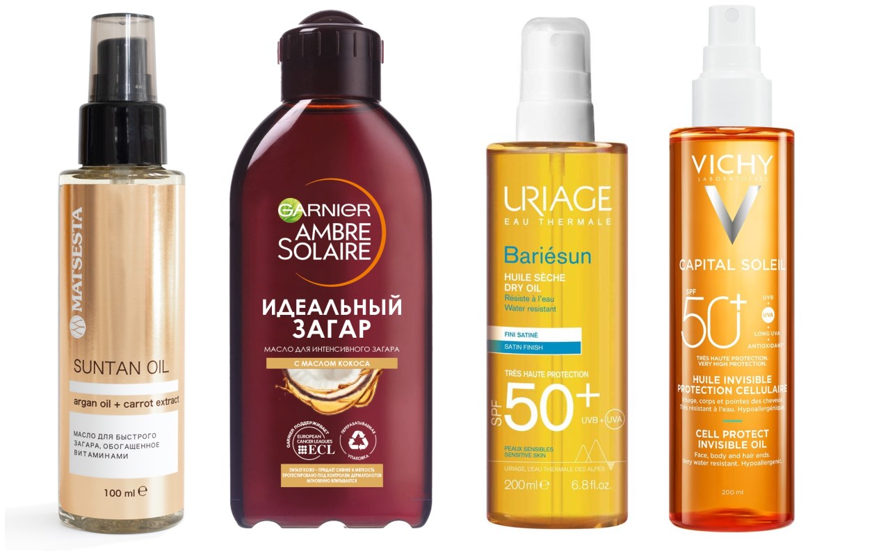 Фото: архивы пресс-служб. Масло для быстрого загара, обогащенное витаминами Suntail Oil, Matsesta; Масло для интенсивного загара Ambre Solaire с маслом кокоса, Garnier; Сухое масло для тела и волос SPF50+, Урьяж; Солнцезащитное увлажняющее масло Capital Soleil, Vichy