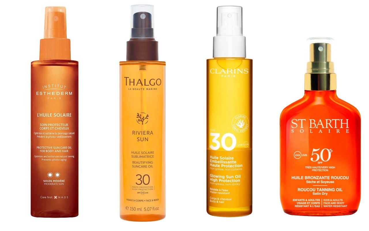 Фото: архивы пресс-служб. Масло для тела и волос при умеренном солнце Suncare, Institut Esthederm;   Солнцезащитное масло Riviera Sun Beautifying Suncare Oil SPF 30, Thalgo; Солнцезащитное сухое масло для тела и волос Glowing Sun Oil High Protection, Clarins; Сухое масло для загара SPF50, Ligne St. Barth Solar