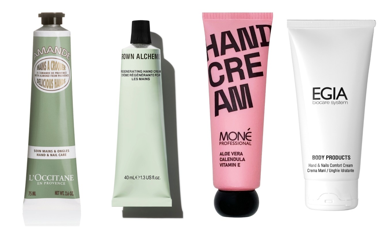 Фото: архивы пресс-служб. Крем для рук Восхитительные ручки Миндаль, L'Occitane; Регенерирующий антивозрастной крем для рук &#34;Полипептид, рамбутан и масло миндаля&#34;, Grown Alchemist; Увлажняющий крем для рук Aloe Vera, Calendula, Vitamin E, Mone Professional; Крем для рук восстанавливающий Hands&Nails Comfort Cream, EGIA