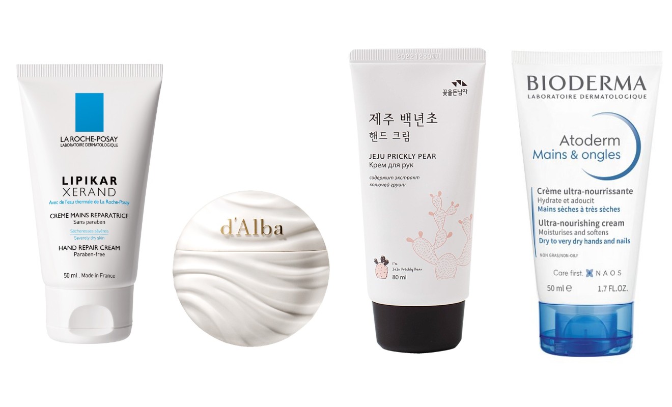 Фото: архивы пресс-служб. Восстанавливающий крем для рук Lipikar Xerand, La Roche-Posay; Увлажняющий крем для рук Nourishing Hand Cream, d'Alba; Увлажняющий крем для рук с кактусом Jeju Prickly Pear Hand Cream, Flor de Man; Крем для рук и ногтей Atoderm, Bioderma 