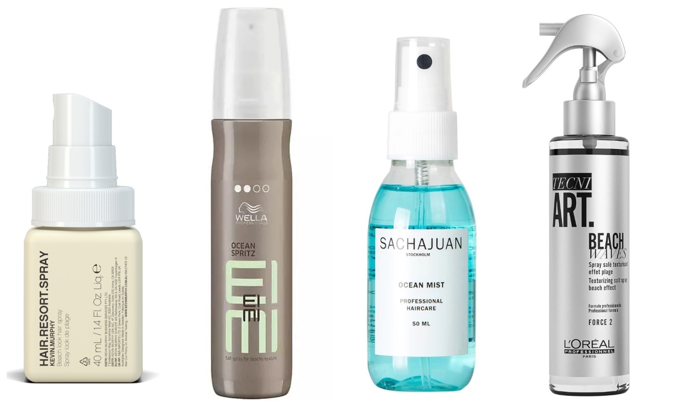Фото: архивы пресс-служб. Спрей для создания пляжной укладки HAIR.RESORT.SPRAY, Kevin.Murphy; Минеральный текстурирующий спрей для волос Ocean Spritz, Wella Professionals EIMI; Соляной спрей для объема волос Ocean Mist, Sachajuan; Текстурирующий cпрей для волос слабой фиксации с минералами соли, L'Oreal Professionnel Tecni