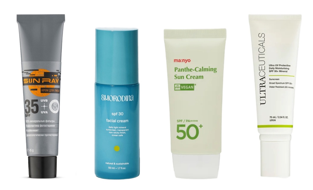 Фото: архивы пресс-служб. Солнцезащитный крем для лица SPF 35, Sun Ray; Увлажняющий солнцезащитный крем для лица SPF 30, SMORODINA; Минеральный крем для лица SPF 50+ PA++++ Panthe-Calming Sun Cream, Ma:nyo; Ультра защитный увлажняющий крем SPF 50+ Ultra UV Protective Daily Moisturising Mineral, ULTRACEUTICALS 