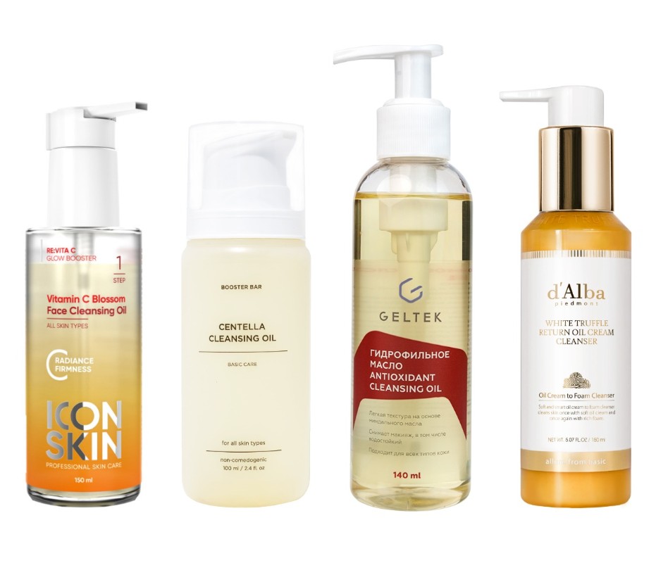 Фото: архивы пресс-служб. Антиоксидантное гидрофильное масло Vitamin C Blossom, Icon Skin; Гидрофильное масло для лица с центеллой Cleansing Oil Centella, Booster Bar; Гидрофильное масло Antioxidant Cleansing Oil, Geltek; Гидрофильное масло и пенка 2в1 White Truffle Return Oil Cream Cleanser, d'Alba