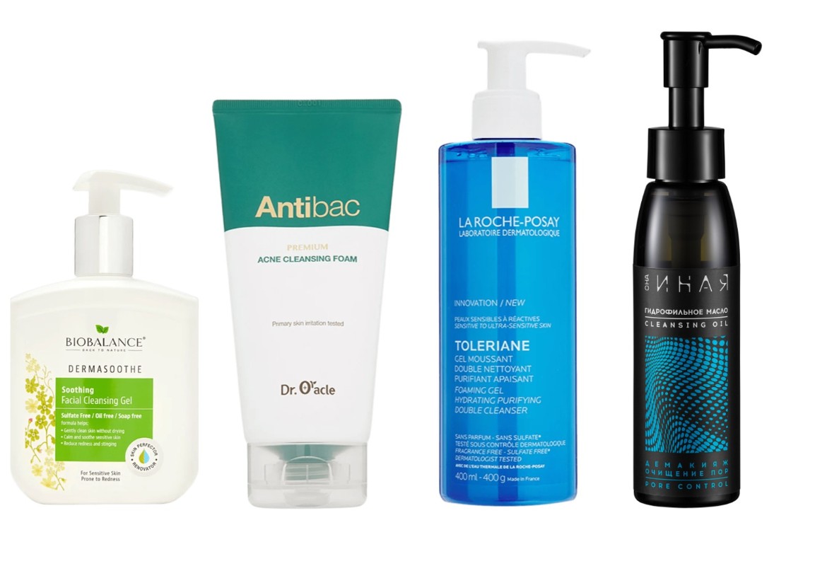 Фото: архивы пресс-служб. Успокаивающий гель для умывания лица Dermasoothe Soothing, BIOBALANCE; Очищающая пенка для проблемной кожи Antibac Premium Acne Cleansing Foam, Dr Oracle; Гель-пенка для умывания Toleriane, La Roche-Posay; Гидрофильное масло для демакияжа и очищения пор, Она Иная