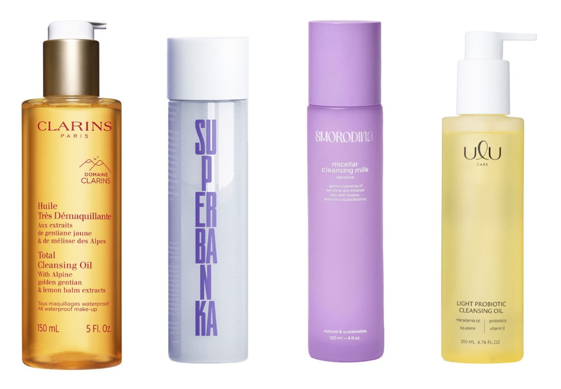 Фото: архивы пресс-служб. Очищающее масло Huile Tres Demaquillante, Clarins; Мицеллярный лосьон White Water, SUPERBANKA; Мицеллярное молочко для очищения чувствительной кожи с лизатами, пребиотиками и постбиотиками, Smorodina; Легкое гидрофильное масло Light Probiotic Cleansing Oil, ULU