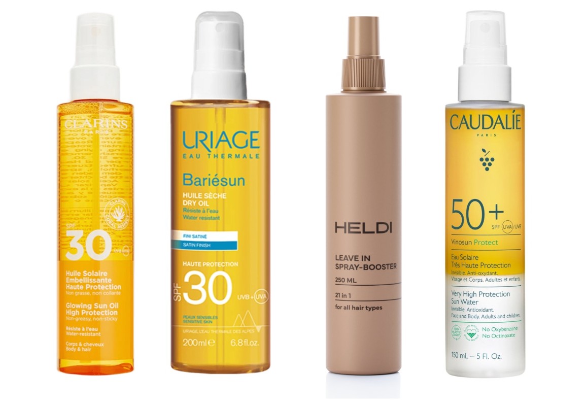 Фото: архивы пресс-служб. Солнцезащитное масло для тела и волос SPF 30 Huile Solaire Embellisante, Clarins; Сухое масло для тела и волос SPF30 Bariesun dry oil, Uriage; Крем-спрей для волос несмываемый, HELDI; Солнцезащитная вода-спрей для лица, тела и волос Vinosun Very High Protection Water SPF50, Caudalie 