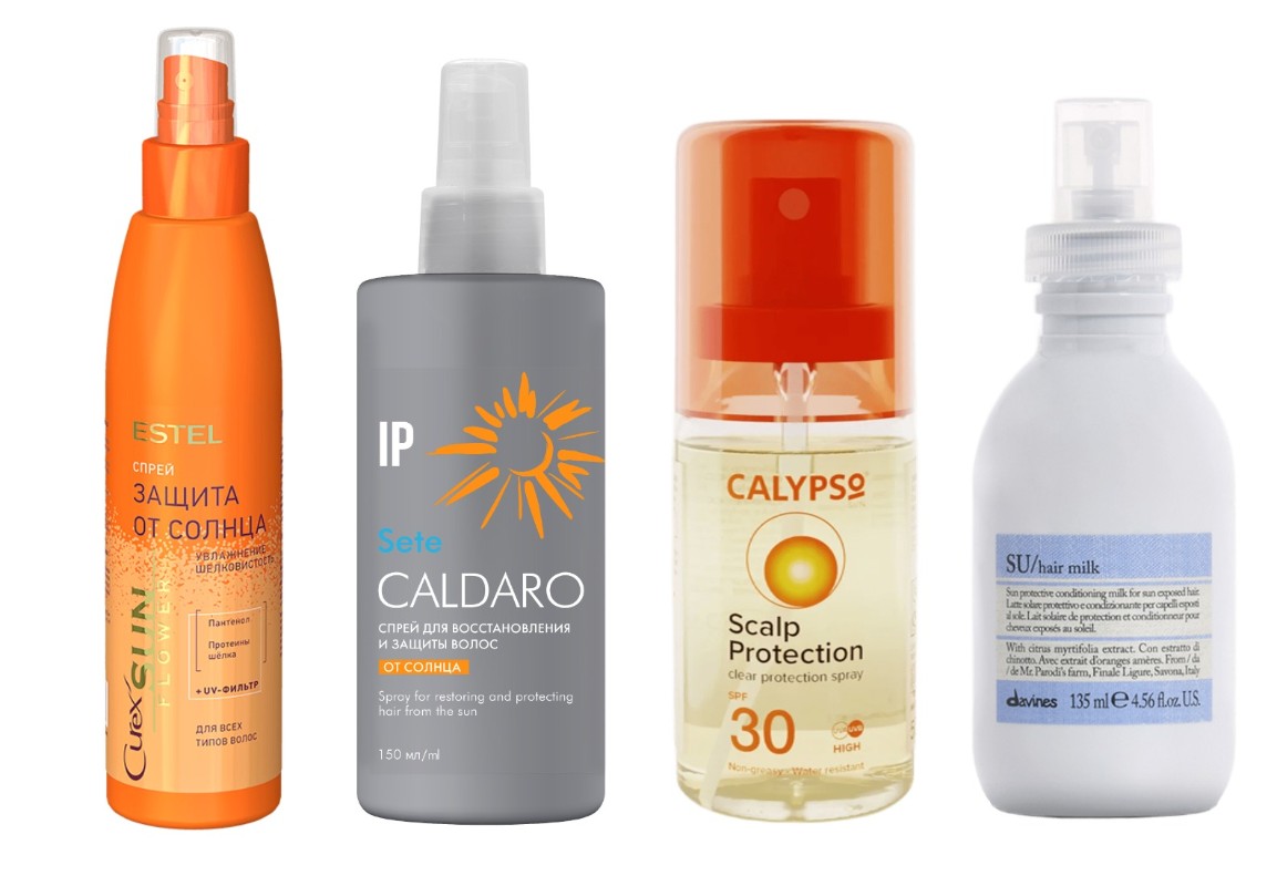 Фото: архивы пресс-служб. Спрей-защита от солнца для всех типов волос CUREX SUNFLOWER, Estel; Спрей для восстановления и защиты волос от солнца Caldaro, Impression Professional; Солнцезащитный спрей для кожи головы и волос SPF 30 Scalp Protection, Calypso; SU солнцезащитное молочко, Davines