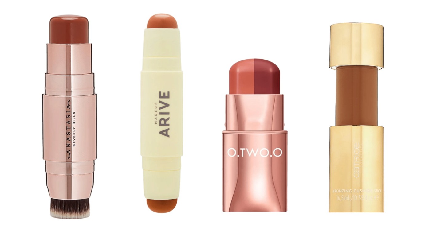 Фото: архивы пресс-служб. Румяна в стике Stick Blush, Peach Caramel, Anastasia Beverly Hills; Двойные румяна в стике Duo Blush Stick Soft Matte & Dewy, 01, ARIVE MAKEUP; Стик для макияжа Makeup stick, терракотовый гранат,  O.TWO.O; Бронзер для лица в стике Summer obsessed bronzing cushion stick, 02, Catrice 