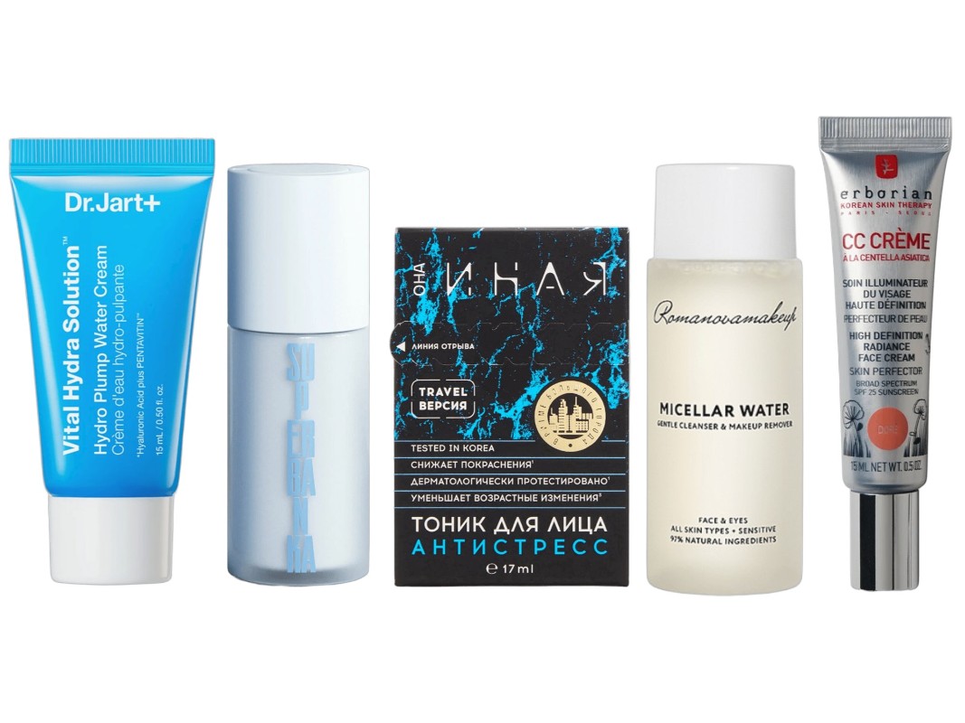 Фото: архивы пресс-служб. Увлажняющий мини-крем для лица Vital Hydra Solution Hydro Plump Water, Dr.Jart+; Легкая эмульсия с церамидами CLOUD NINE 15 мл, SUPERBANKA; Тоник-спрей travel size Антистресс Она Иная, Мастерская Олеси Мустаевой; Мицеллярная вода миниатюра, Romanovamakeup; СС крем Совершенное сияние 15 ml, Erborian