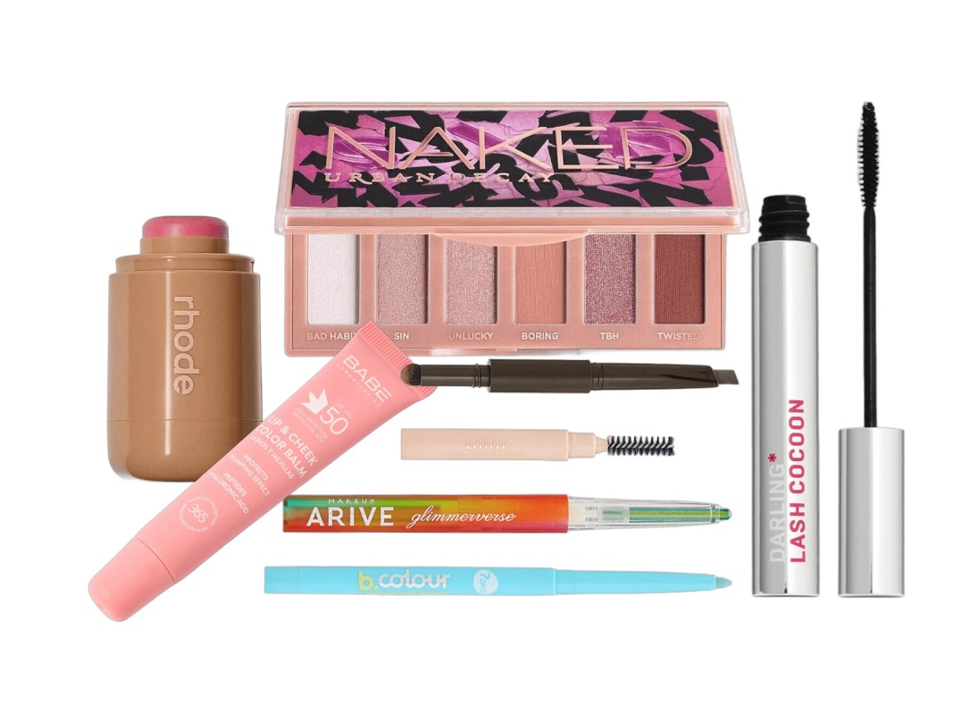 Фото: архивы пресс-служб. Солнцезащитный бальзам-тинт для губ и щек SPF 50+ Laboratorios Babe Plumping effect; Карандаш для глаз ARIVE MAKEUP Glimmerverse Fairy Wand Multichrome; Карандаш-каял для глаз 7DAYS B.COLOUR; Карандаш-тени для бровей Thim Artist Touch Brow Duo; Мини-палетка теней для век Naked Mini Eyeshadow Palette Sin, URBAN DECAY; Румяна Lightweight Moisturizing Blush Smudge Proof, RHODE; Термотушь 38 °C с эффектом натуральных ресниц Lash Cocoon, DARLING* 