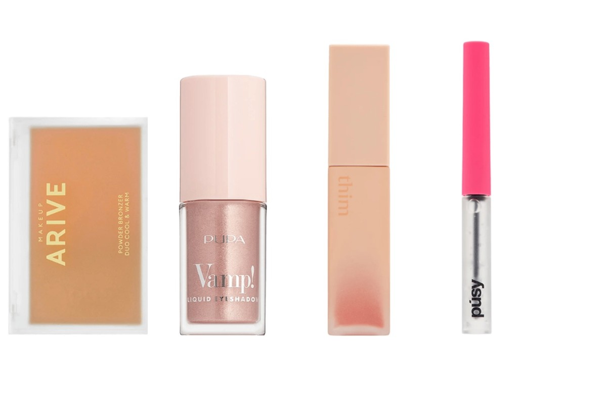 Фото: архивы пресс-служб. Бронзирующая пудра Bronzer Duo Cool & Warm, ARIVE MAKEUP; Жидкие тени для век VAMP! LIQUID EYESHADOW, 002, Pupa; Сатиновый блеск-глазурь для губ Satin lip glaze, 02, Thim; Гель для бровей Super fix brow gel, PUSY 