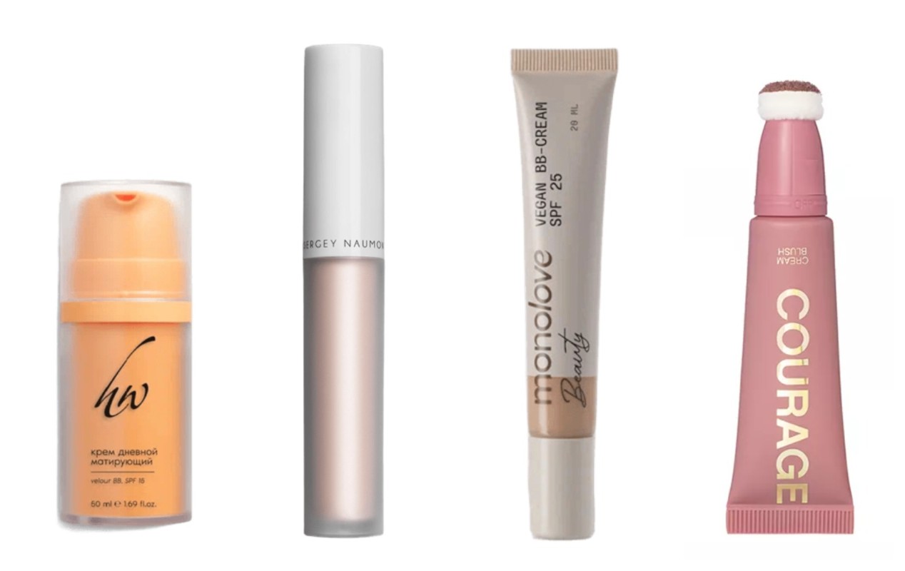 Фото: архивы пресс-служб. Крем дневной матирующий VELOUR BB, SPF15, PREMIUM Homework; Хайлайтер под глаза MAIN ENTRANCE, Sergey Naumov; BB-крем для лица с SPF, monolove; Румяна для лица COURAGE кремовые, тон 03 Rose dusty, Vivienne Sabo