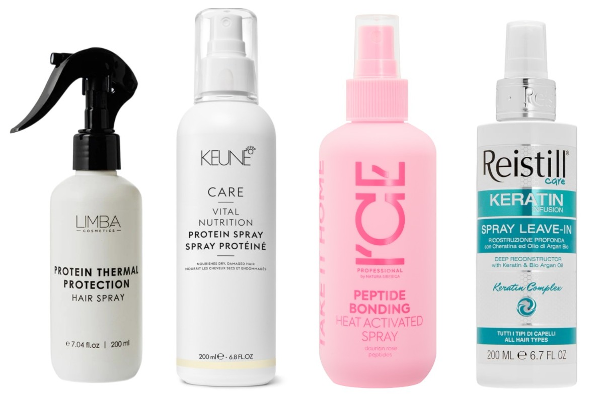 Фото: архивы пресс-служб. Протеиновый спрей-термозащита, Limba Cosmetics; Протеиновый кондиционер-спрей Care Vital Nutrition, Keune; Cпрей для экстремально повреждённых волос Peptide bonding heat activated, ICE Professional by Natura Siberica; Восстанавливающий спрей для волос Keratin, Reistill 