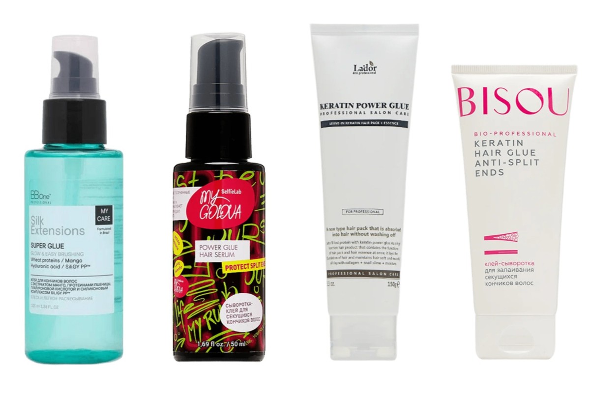 Фото: архивы пресс-служб. Клей для кончиков волос Extensions, BB One; Сыворотка-клей для секущихся кончиков волос SelfieLab, MY GOLOVA; Сыворотка-клей с кератином для секущихся кончиков Keratin Power Glue, Lador; Клей для секущихся кончиков Keratin Hair Glue, Bisou 