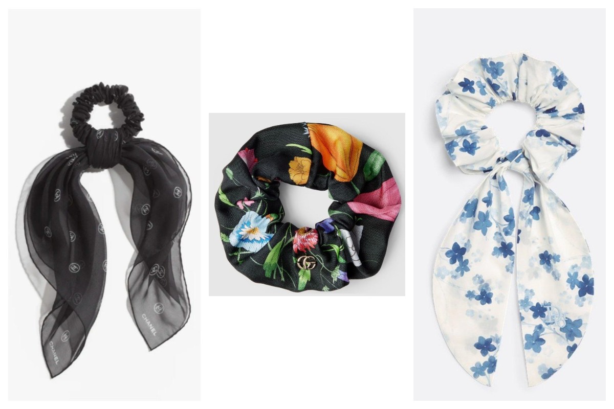 Фото: архивы пресс-служб. Шелковая резинка для волос Silk Chiffon, Chanel; Шелковая резинка для волос Printed Flora silk twill scrunchie, Gucci; Резинка-бант Blue Technical Fabric and Cotton Poplin, Dior