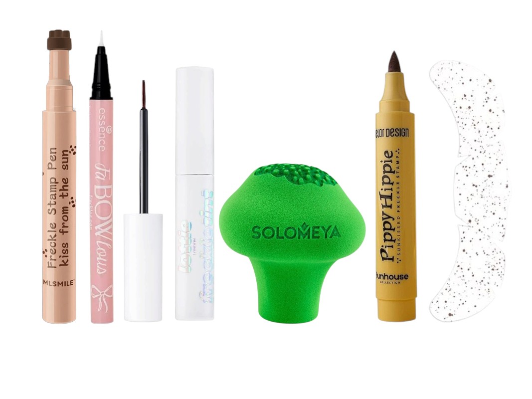 Фото: архивы пресс-служб. Маркер штамп для веснушек, YOOAH; Маркер для создания веснушек FABOWLOUS, Essence; Тинт для создания веснушек, LOTTIE LONDON; Спонж для создания веснушек Брокколи, Solomeya; Маркер для веснушек Funhouse Pippy Hippie, BELOR DESIGN; Набор переводных тату-веснушек DECO Natural, Miami tattoos