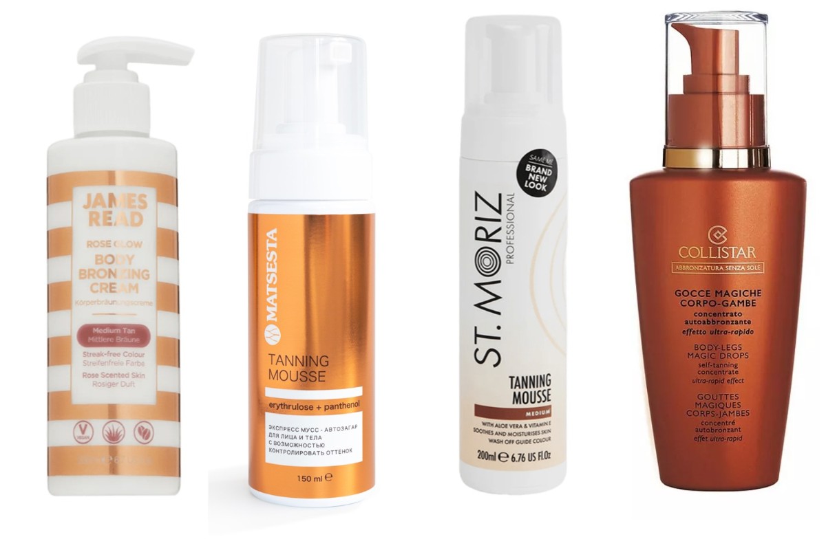 Фото: архивы пресс-служб. Бронзирующий крем для тела ROSE GLOW, James Read; Экспресс-мусс автозагар для лица и тела Tanning Mousse, Matsesta; Автобронзант-мусс для тела Tanning Mousse, St. Moriz Professional; Концентрат для автозагара для тела и ног, ультра-быстрый эффект Body-Legs Magic Drops, COLLISTAR 