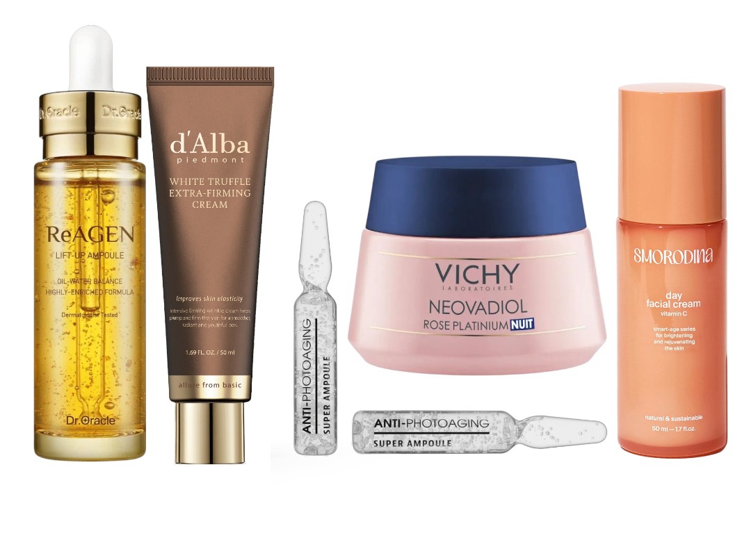 Фото: архивы пресс-служб. Ампульная лифтинг-сыворотка с золотом ReAGEN, Dr. Oracle; Лифтинг-крем для лица White Truffle Extra-Firming Cream с коллагеном, гиалуроновым комплексом и ниацинамидом, d'Alba; Ампулы с супероксиддисмутазой 0,5%, BIOBALANCE; Комплексный ежедневный уход для зрелой кожи Neovadiol Platinum Rose, Vichy; Антивозрастной дневной крем с витамином С в липосомах &#34;ANTI-AGE&#34;, SMORODINA