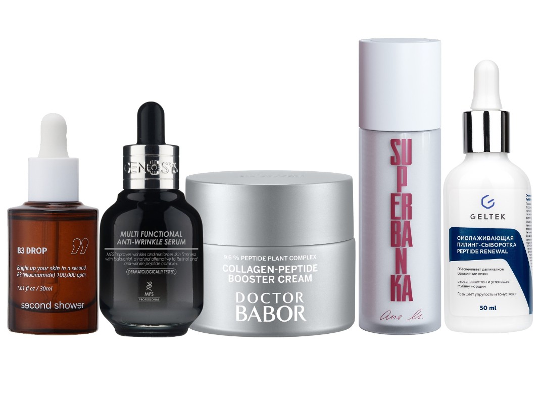 Фото: архивы пресс-служб. Сыворотка для ровного тона лица B3 Drop, Second Shower; Мультифункциональная сыворотка против морщин Multi Functional Anti-Wrinkle Serum, Genosys; Крем-бустер коллаген-пептиды, DOCTOR BABOR; Крем для лица с пептидами Last Tango, Superbanka; Омолаживающая пилинг-сыворотка Peptide Renewal, Geltek 
